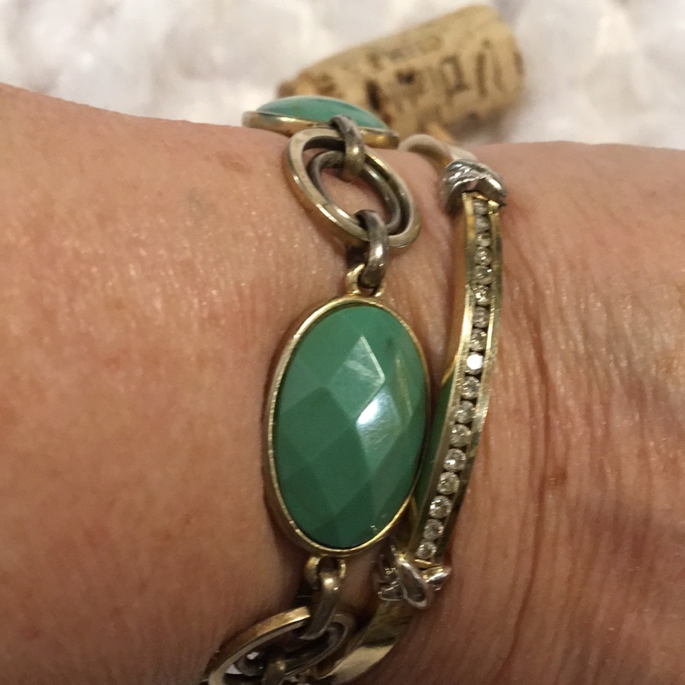 Cut stones link bracelet color aqua greens  bracelet w dangle matching earrings - Picture 8 of 13